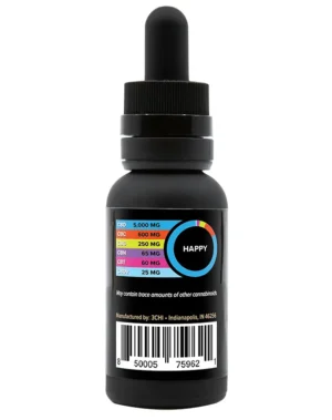 Happy CBD Oil - A proprietary blend of mood-focused cannabinoids and terpenes in MCT oil for increased absorption. This 1oz bottle of Happy CBD Oil comes with a metered dropper for easy, accurate dosing and is lab tested with less than 0.3% THC detected.