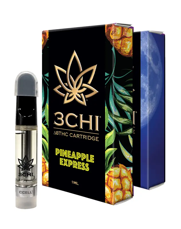 A 3Chi Delta 8 vape cartridge, labeled 'Pineapple Express,' featuring a sleek cartridge and a vibrant box design.