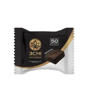 3CHI delta 8 brownies packaging, featuring a single brownie. Each pack contains 50 mg of delta 8 THC, made from hemp.