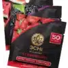 Delta 8 gummies mini pack with vibrant fruit images. Each pack has 50 mg delta 8, 25 mg per gummy, 2 gummies per pack.