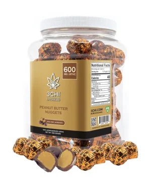 Delta 9 Peanut Butter Nuggets - Our Delta 9 Peanut Butter Nuggets blend the amazing peanut butter taste with 15mg of Delta 9 THC and 15mg of CBD in each nugget. These little nuggets are sure to have you wanting more. Available in packs of 6, 40, and 80 nuggets.


 	Specially-formulated, fast-acting Delta 9 THC candies
 	Dispensary-grade
 	NO hemp taste
 	Non-GMO
 	15mg D9 : 15mg CBD per nugget
 	Potent & long lasting
 	Delicious non-vegan recipe 
 	Derived from USA-grown hemp
 	Farm Bill Compliant : <0.3% ∆9THC
