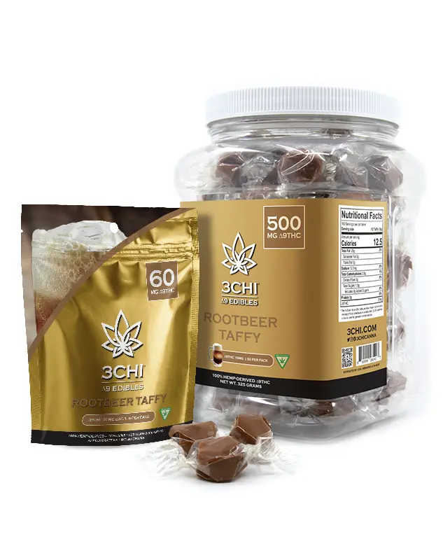 Delta 9 Root Beer Taffy - Our Delta 9 Root Beer Taffy blends amazing root beer taste with 10mg Delta 9 THC and 15mg of CBD in each taffy. These bite-sized candies deliver a powerful THC-driven experience, all in a sweet and chewy package. Each Delta 9 taffy is deliciously potent, and inspired by the rich taste of root beer.
Specially-formulated, fast-acting Delta 9 THC candies
Dispensary-grade
NO hemp taste
10mg D9 : 15mg CBD in each taffy
Potent & long lasting
Delicious non-vegan recipe
Derived from USA-grown hemp
Farm Bill Compliant : <0.3% ∆9THC