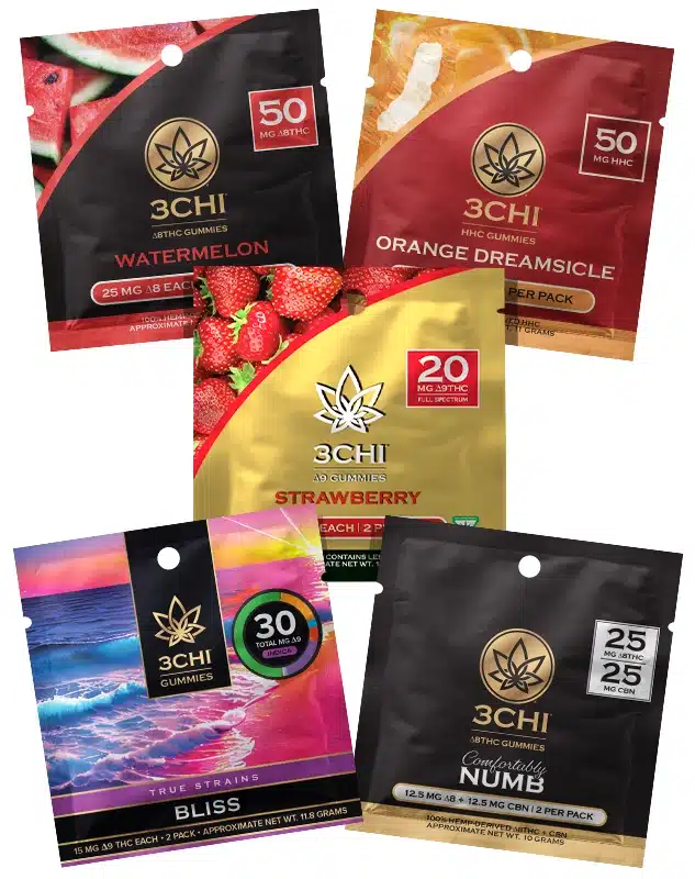 5-Pack Gummy Sampler - Want to try all the different 3CHI gummies but don't know which one to try first? Snag up our 5-pack gummy sampler and experience 5 different cannabinoids. This sampler includes one each of the following gummy 2-packs: Delta 8 Watermelon: 50mg per 2-pack HHC Orange Dreamsicle: 50mg per 2-pack Delta 9 Strawberry: 20mg per 2-pack True Strains Cyclone: 30mg per 2-pack True Strains Comfortably Numb: 128mg per 2-pack