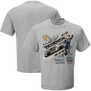 TYLER REDDICK ROAD AMERICA FIRST WIN TEE - Tyler Reddick wins his first NASCAR Cup Series race at Road America! Order your t-shirt now!
Details:


 	Material: 100% Pre-shrunk Cotton
 	Color: Grey
 	Screen print graphics
