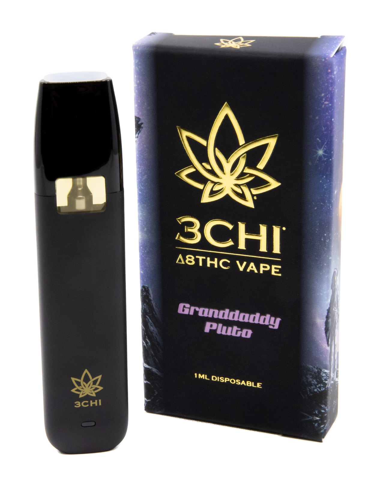 Delta 8 Disposable Vape - 1ml, Granddaddy Pluto - Designed to give you a top-of-the-line, all-in-one experience, 3CHI's Granddaddy Pluto Delta 8 Disposable Vape Pens deliver a potent and uniquely uplifting feeling. Lab-tested by an accredited 3rd party lab No MCT, PG, VG, or PEG oil Potent, broad spectrum 95% Delta 8 THC oil 5% terpenes Always free of additives or preservatives 1ml total oil