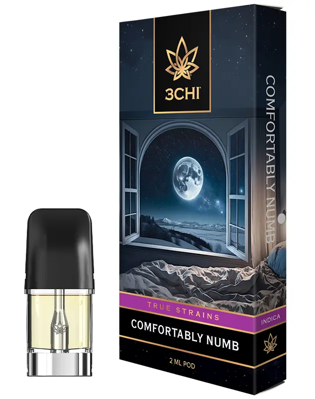 Comfortably Numb - True Strains - 2ml Vape Pod - Settle into ultimate bliss with our famous CBN-rich Indica, ideal for deep levels of calm and restful relaxation. WARNING: THIS IS A HIGH-MAINTENANCE CARTRIDGE. IT WILL CRYSTALLIZE, MAY ARRIVE ALREADY CRYSTALLIZED, AND WILL REQUIRE REHEATING FOR REUSE. DO NOT PURCHASE UNLESS YOU ARE WILLING TO PERFORM THE MAINTENANCE REQUIRED FOR THIS CARTRIDGE. REQUIRES A 3CHI POD BATTERY TO USE