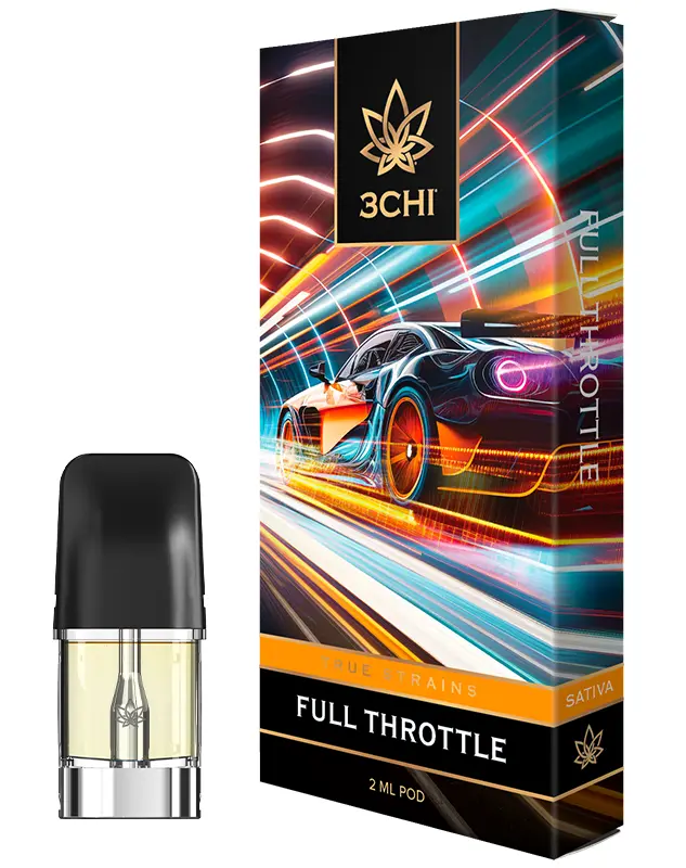 Full Throttle - True Strains - 2ml Vape Pod - Unleash your full potential with the HHC-dominant Sativa blend designed to kick your creativity and focus into high gear.
REQUIRES A 3CHI POD BATTERY TO USE