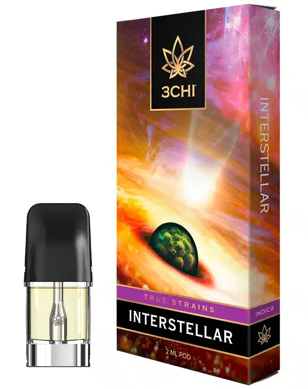 Interstellar - True Strains - 2ml Vape Pod - Keep your feet on the ground and your head in the stars with this potently serene Indica blend.
REQUIRES A 3CHI POD BATTERY TO USE