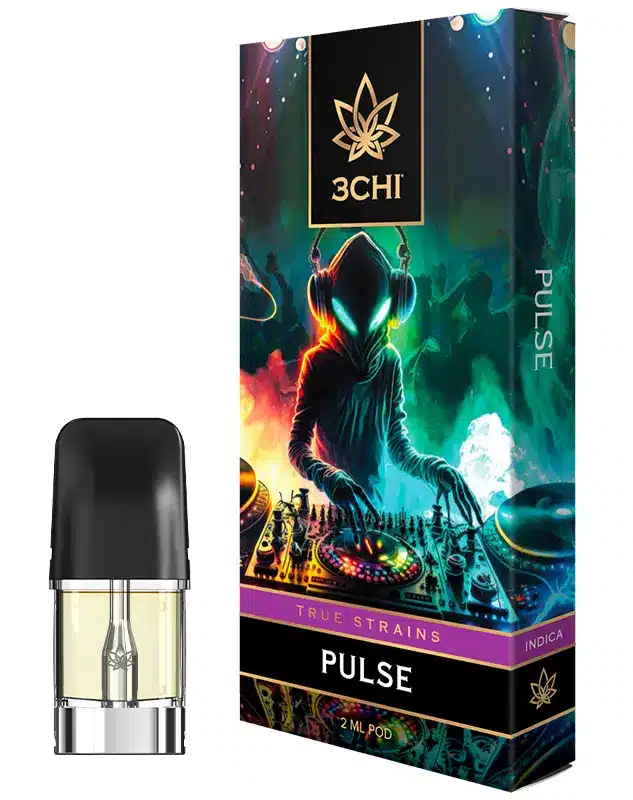 Pulse - True Strains - 2ml Vape Pod - This chill yet social Indica is perfect for getting you in the groove after a long day at work.
REQUIRES A 3CHI POD BATTERY TO USE