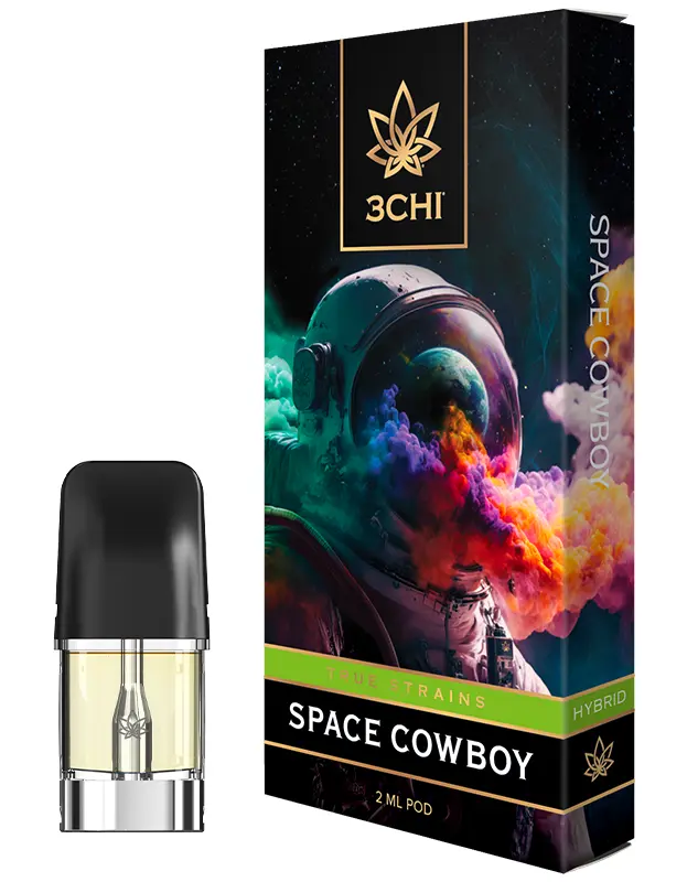 Space Cowboy - True Strains - 2ml Vape Pod - Wrangle the stars with this heady Hybrid blend of euphoric and cosmic bliss.
REQUIRES A 3CHI POD BATTERY TO USE