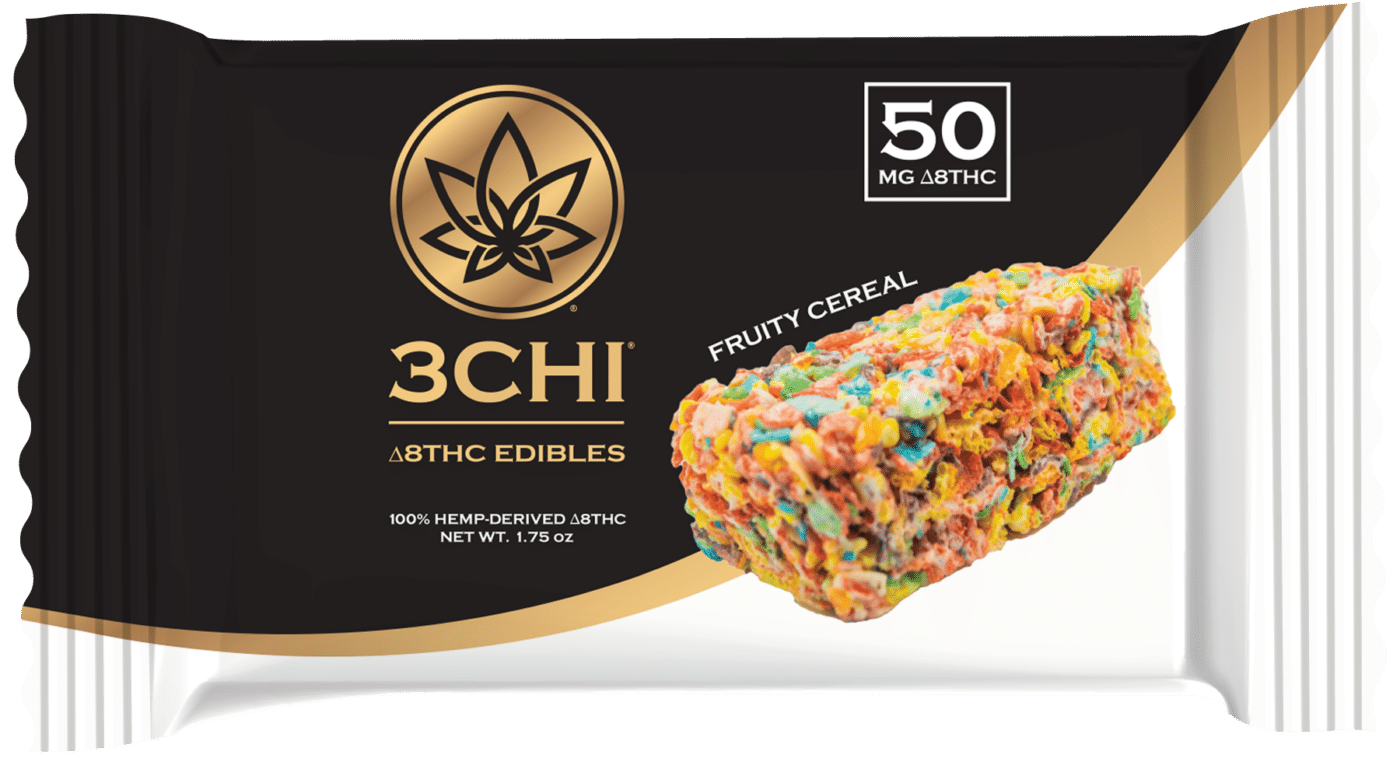 3CHI Delta 8 fruity cereal bar.