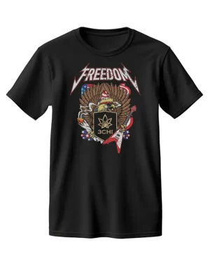 3CHI Freedom Tee - Show off your love for America, cannabis, and the freedom to enjoy it with this 80s rock concert-inspired t-shirt. Made with 100% cotton and only available for a limited time. Get it before it disappears forever! 