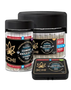 .7g Diamond Knock-Out THCA Infused Pre-Roll - Our new .7g pre-rolls come filled with the highest-quality THCA flower, but with a twist. We infused them with THCA diamonds to increase the potency, adding to your overall cannabis experience. With various strains for desired experiences, we have a little something for everybody. Quantities: 5 ct. loose tin, 20 ct. loose jar, 70 ct. loose jar 3 different strains: Granddaddy Purple, Pineapple OG Kush, White Runtz Third-party lab tested Dispensary grade Farm Bill Compliant
