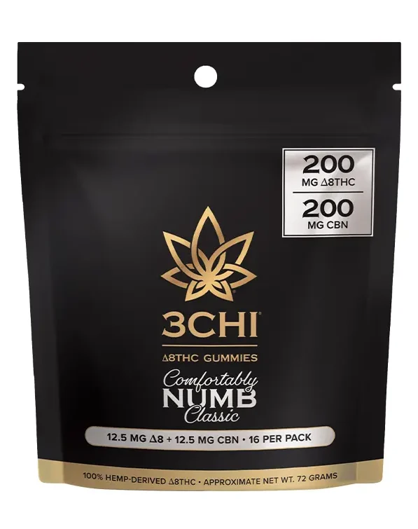 Comfortably Numb Delta 8 THC:CBN Gummies - Our Comfortably Numb gummies are infused with a potent 1:1 blend of Delta 8 THC and CBN at 25mg combined (12.5mg each) in each gummy as well as added CBC for maximum effects. Comes in packs of 8 (200mg total) or 16 (400mg total). CBN helps temper the energetic aspects of Delta 8 THC to bring an extremely comfortable and calming body-focused feeling. This blend is perfect for peaceful relief and taking it easy.