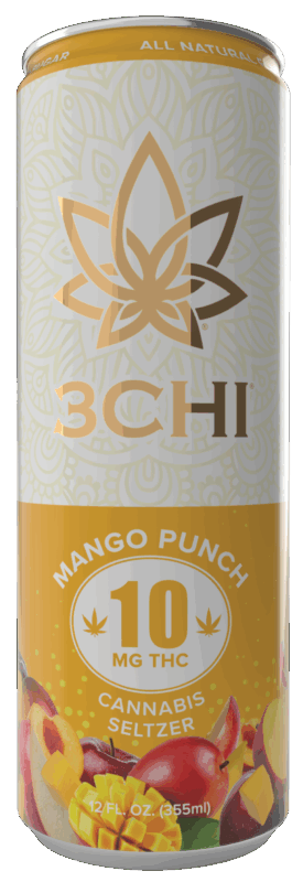 Golden Mango Punch can with sun‑ripened fruit art, 5 calories, 10 mg THC, sugar‑free.