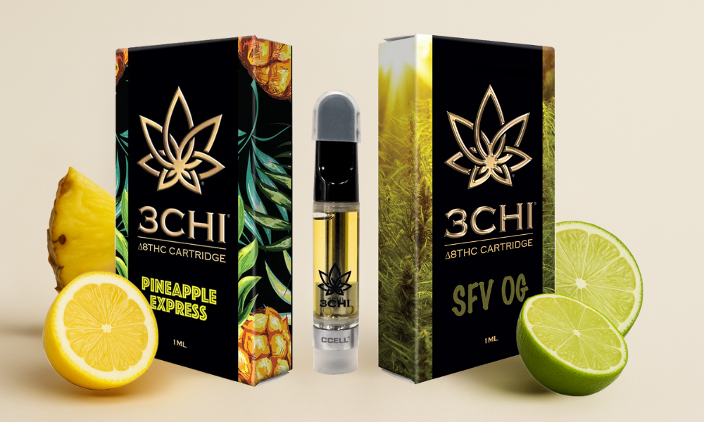 Limonene Terpene THC Vapes featuring Delta 8 carts: Pineapple Express and SFV OG.