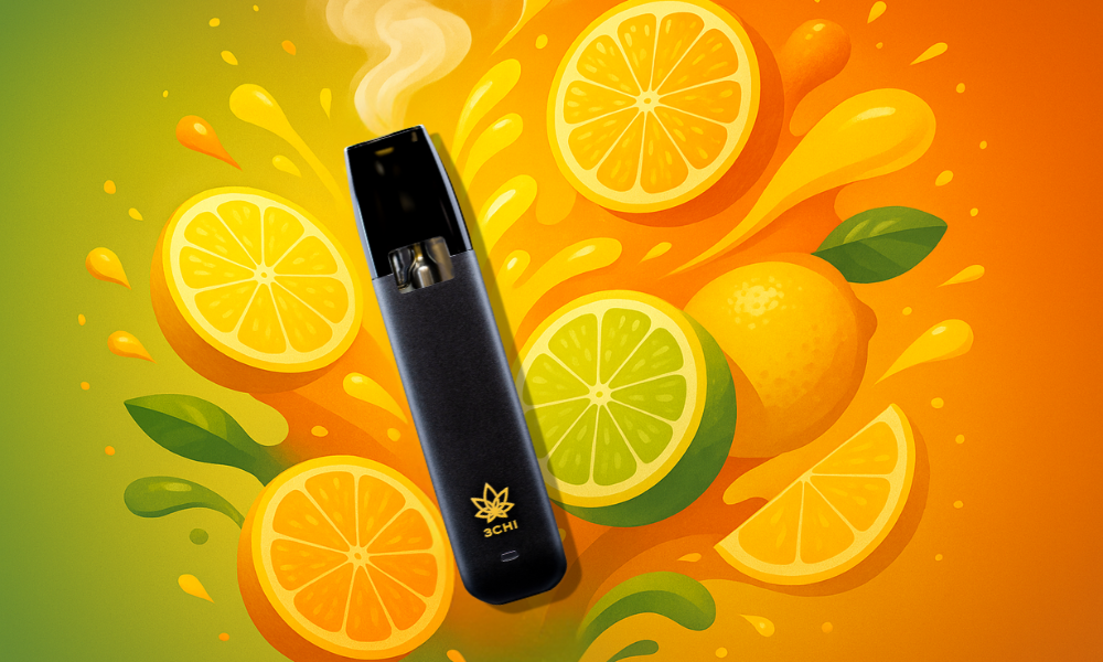 Sleek black 3CHI vape pen emitting vapor in front of a vibrant splash of orange, lemon, and lime slices on a green‑to‑orange gradient background.